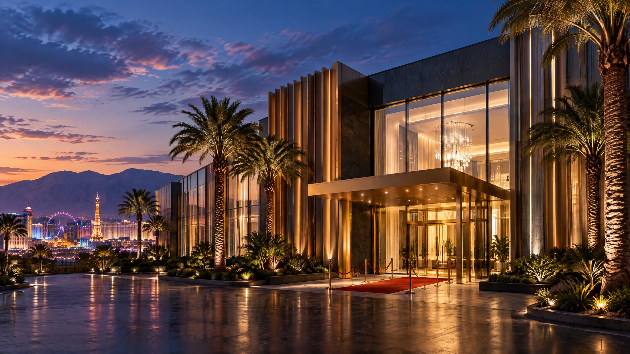 The Vegas Wedding Club by LACILU flagship building at dusk